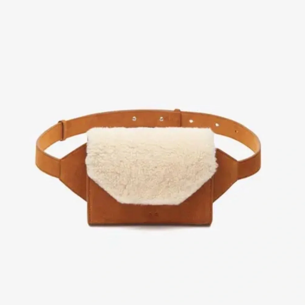 NWT IRO PARIS Horu Calfskin Suede Shearling Belt Bag in Camel/Cream - Picture 5 of 5